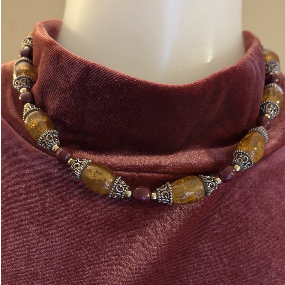 Vintage Style Amber Burgundy Beaded Necklace Silver Tone Filigree Toggle Clasp